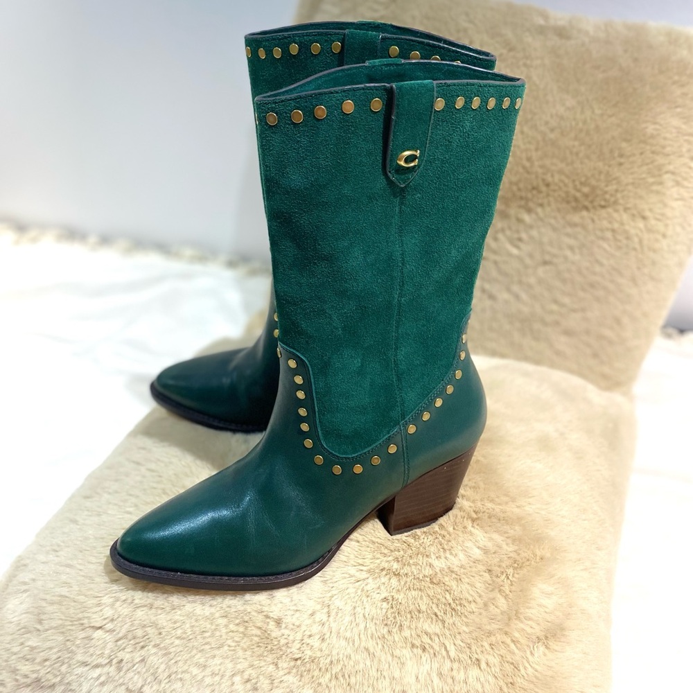 Coach Pheobe Green Leather & Suede Studded Women's Boots